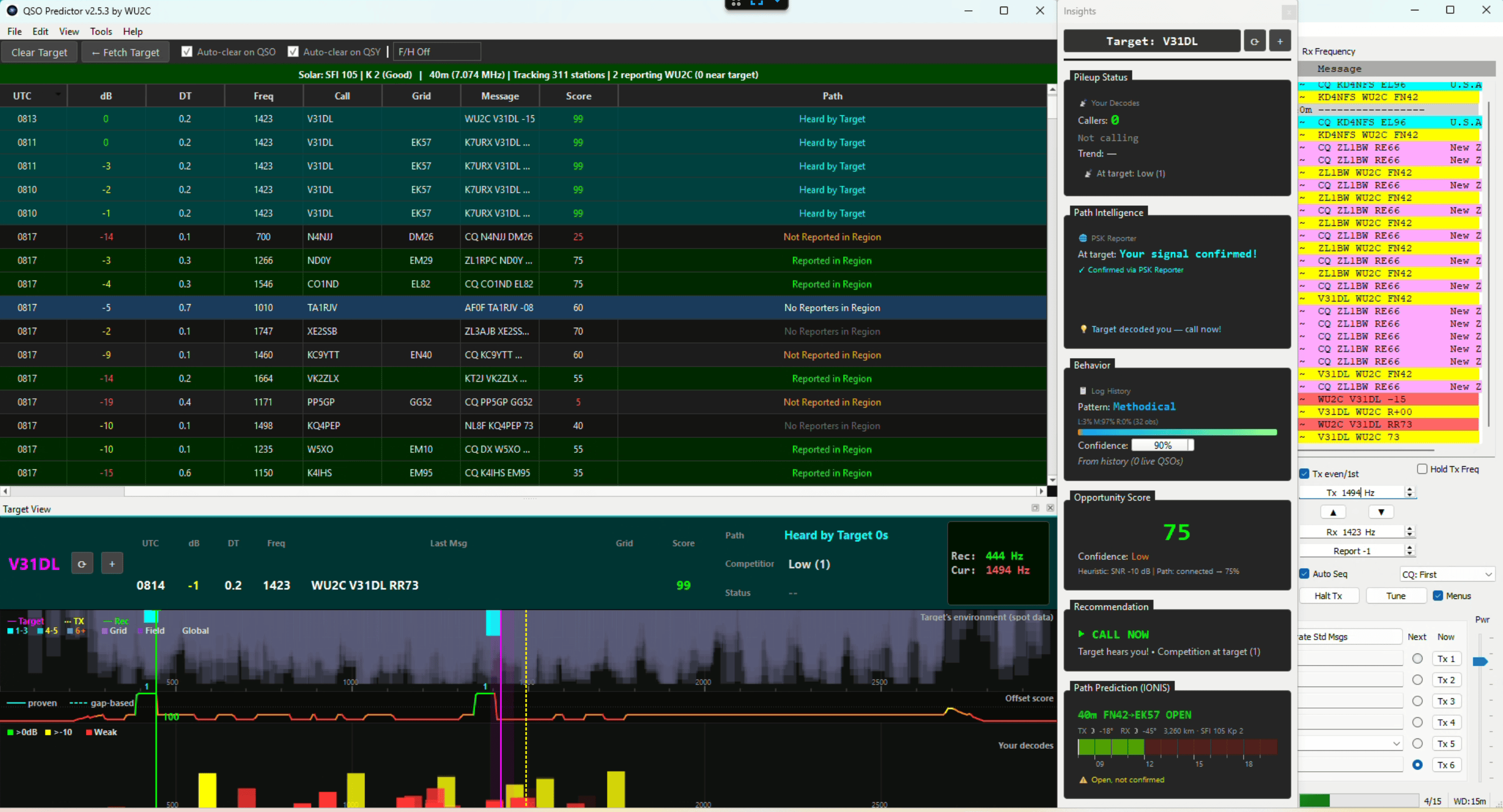 QSOP showing completed four-message FT8 exchange with V31DL ending in RR73